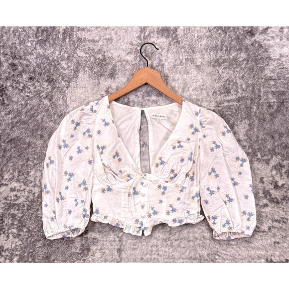 For Love & Lemons Top Small Womens White Cotton Linen Floral Crop Blouse - Picture 1 of 8